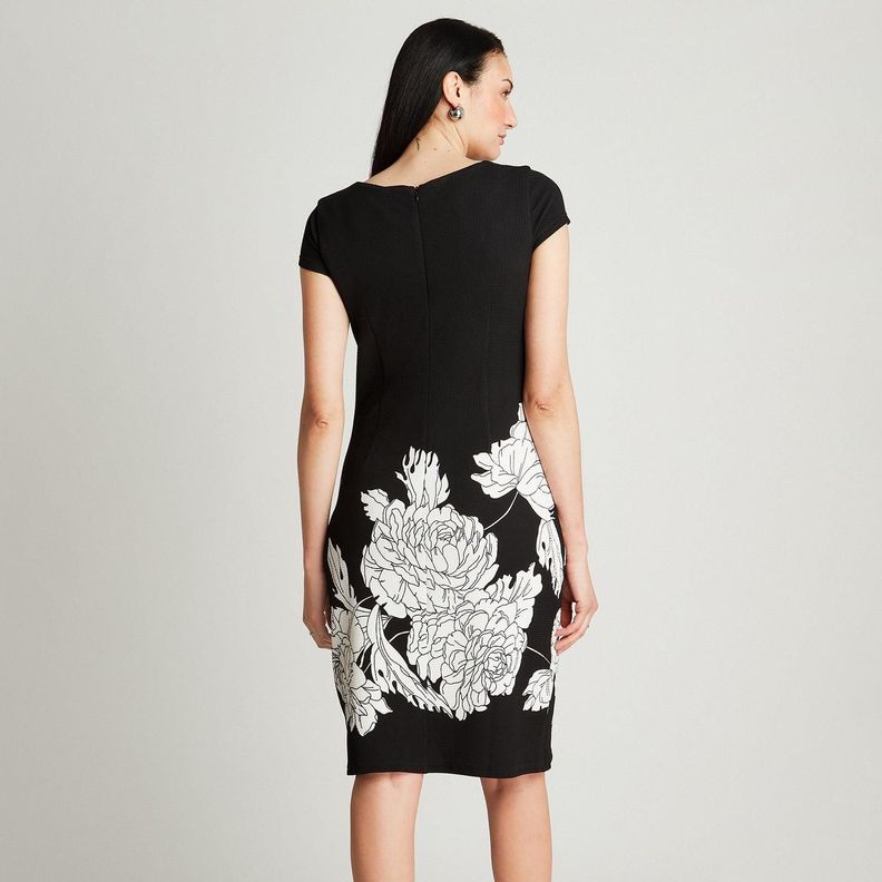 Vestido Midi Negro Manga Corta Estampado Cuello Redondo-1