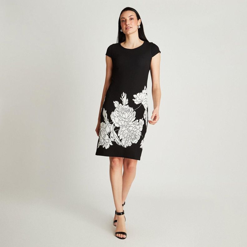 Vestido Midi Negro Manga Corta Estampado Cuello Redondo-3