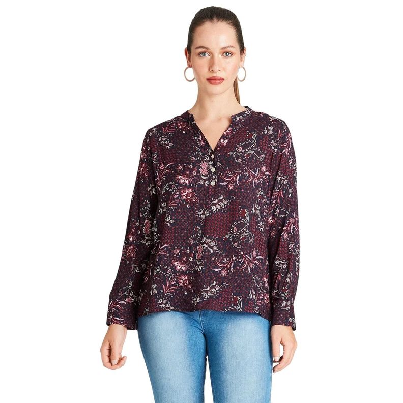 Blusa Manga Larga Cuello Mao Estampada Burdeo-0