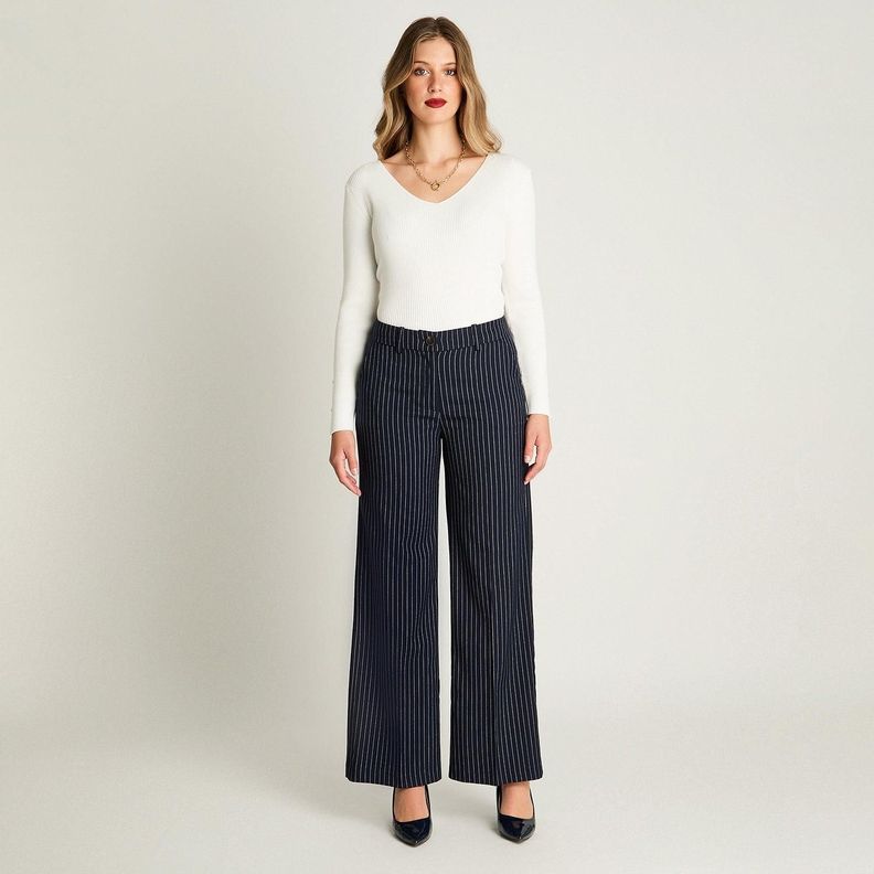 Pantalón Palazzo Con Rayas Y Pretina Elasticada Azul-3