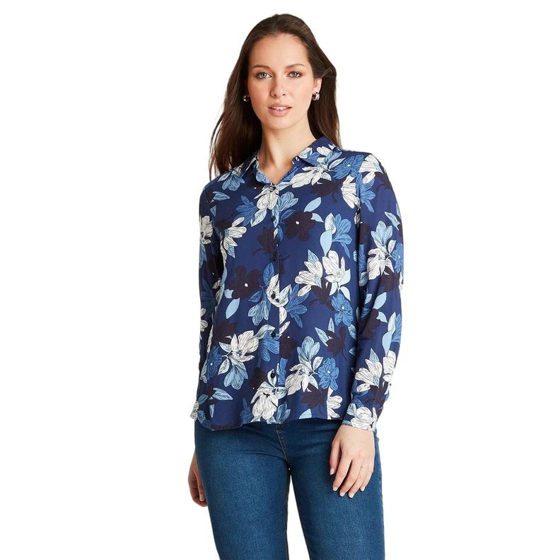 Blusa Índigo Manga Larga Estampado Cuello Camisero-0