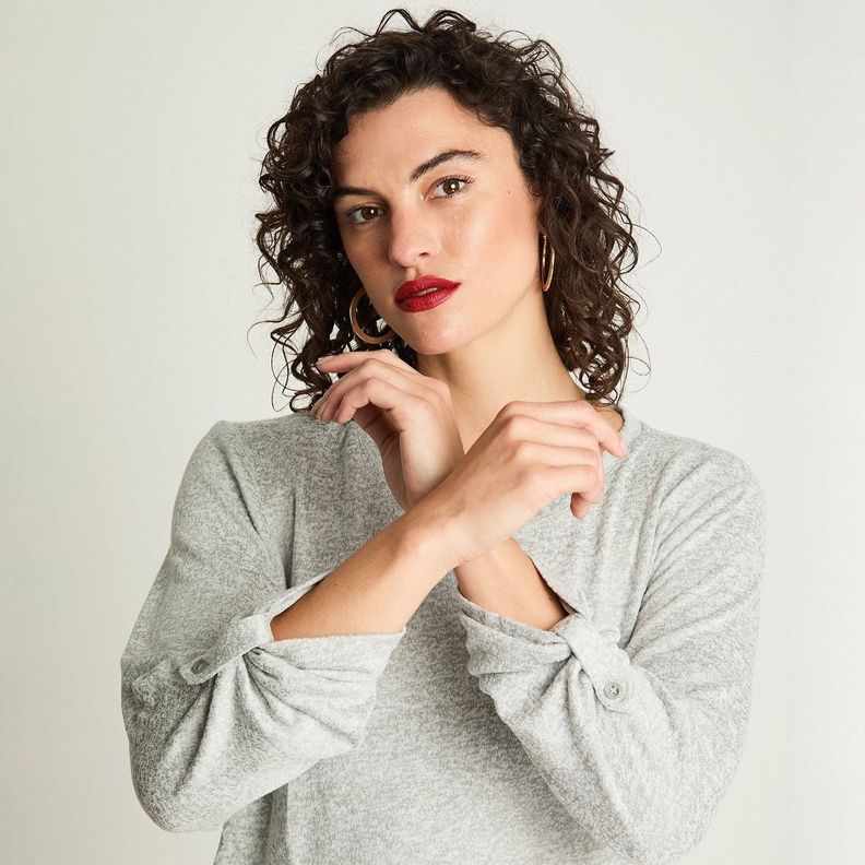 Polera Manga Larga Lanilla Melange Con Aplicación Gris-1