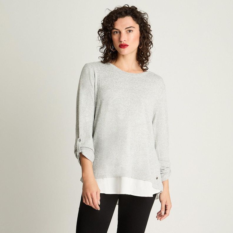 Polera Manga Larga Lanilla Melange Con Aplicación Gris-4