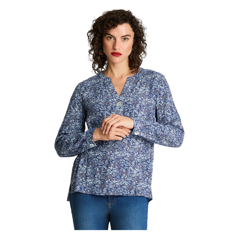 Blusa Manga Larga Cuello Mao Botones Azul-0