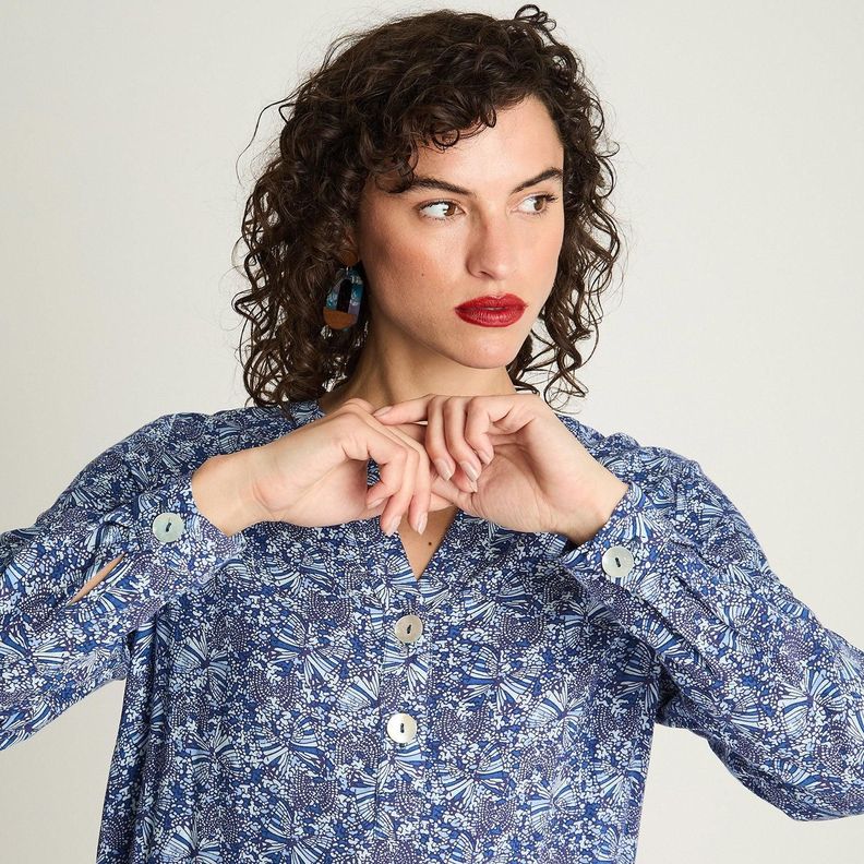 Blusa Manga Larga Cuello Mao Botones Azul-2