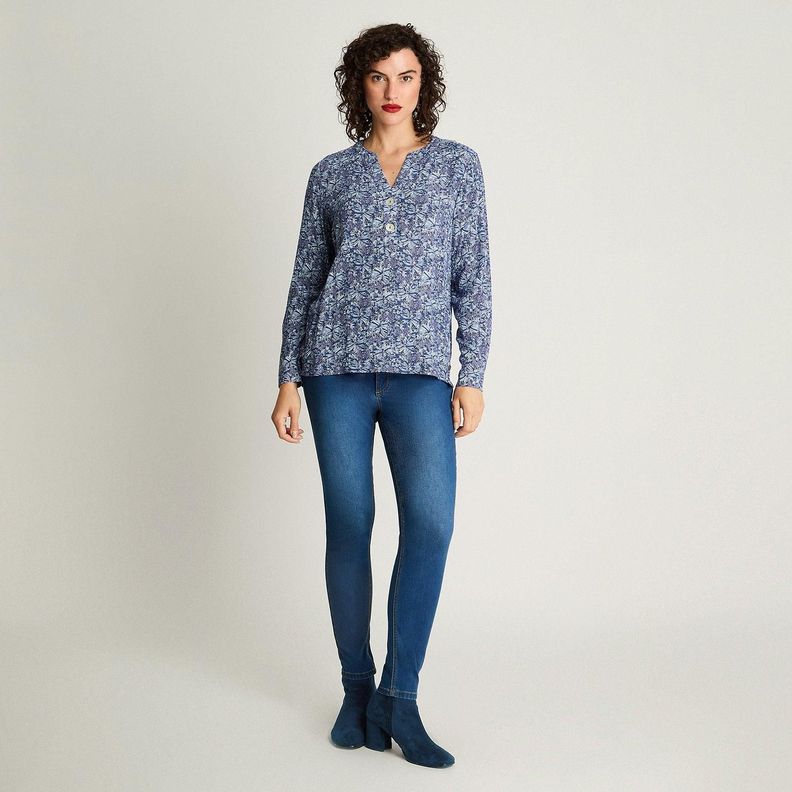 Blusa Manga Larga Cuello Mao Botones Azul-3