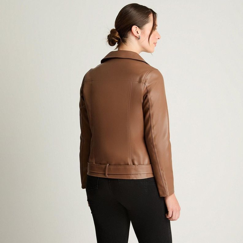 Chaqueta Biker Manga Larga Ecocuero Con Cinturón Café-1