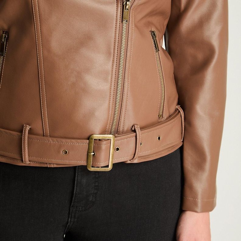 Chaqueta Biker Manga Larga Ecocuero Con Cinturón Café-2