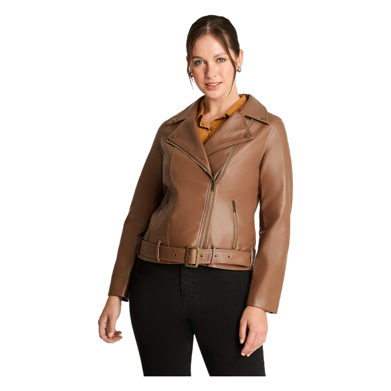 Chaqueta Biker Manga Larga Ecocuero Con Cinturón Café-0