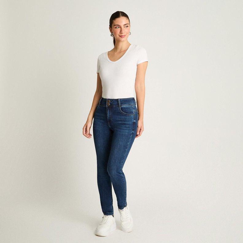 Jeans Slim 5 Bolsillos Pretina Dos Botones Push Up Azul-3