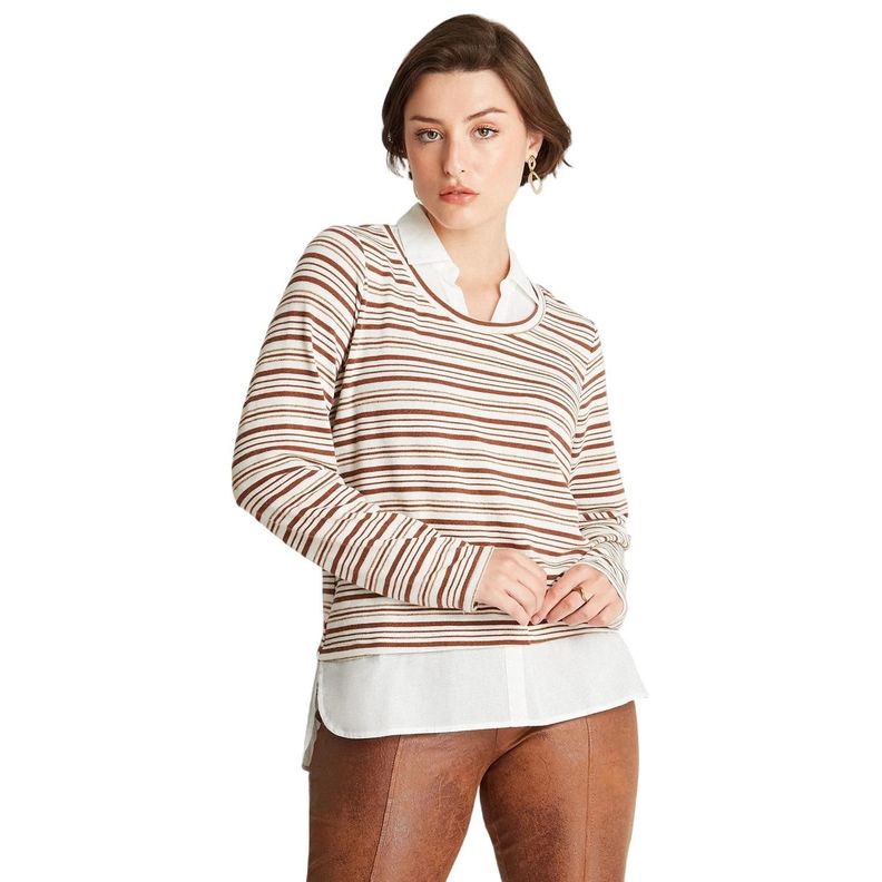 Polera Camant Rayada Con Blusa Falsa Beige-0