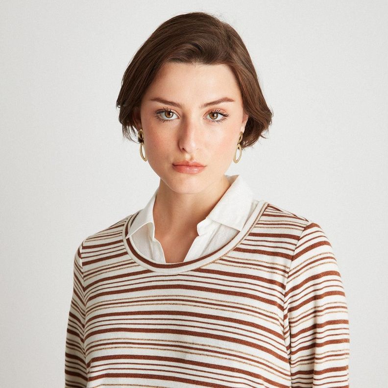 Polera Camant Rayada Con Blusa Falsa Beige-2