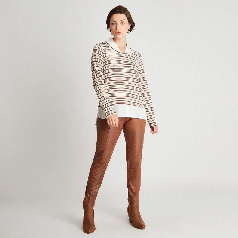 Polera Camant Rayada Con Blusa Falsa Beige-3