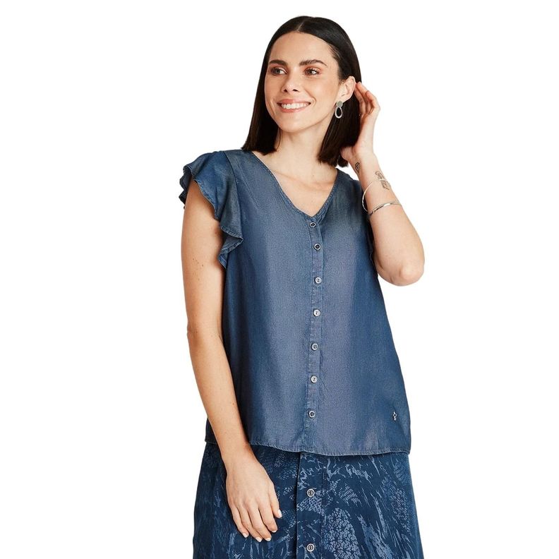 Blusa Azul Oscuro Manga Corta Cuello V-0