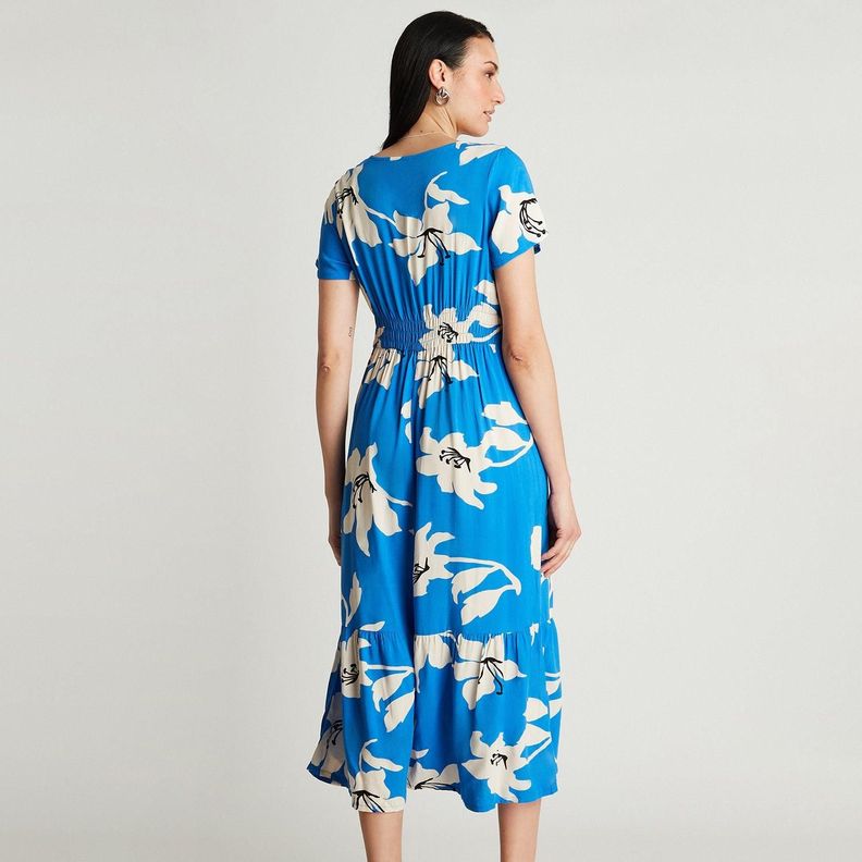 Vestido Maxi Azul Manga Corta Estampado Cuello V-1