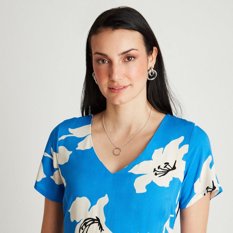 Vestido Maxi Azul Manga Corta Estampado Cuello V-2