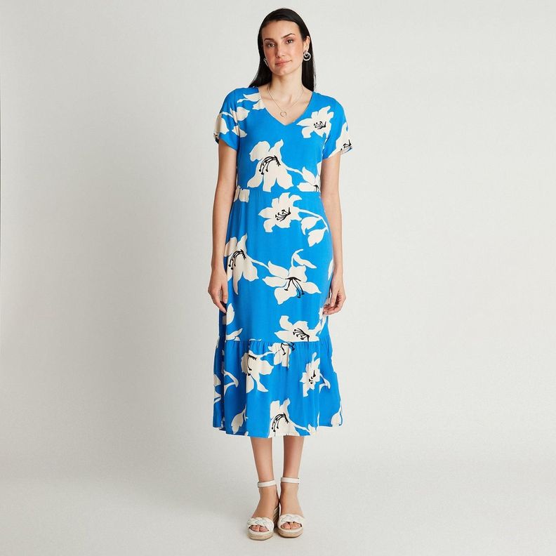 Vestido Maxi Azul Manga Corta Estampado Cuello V-3