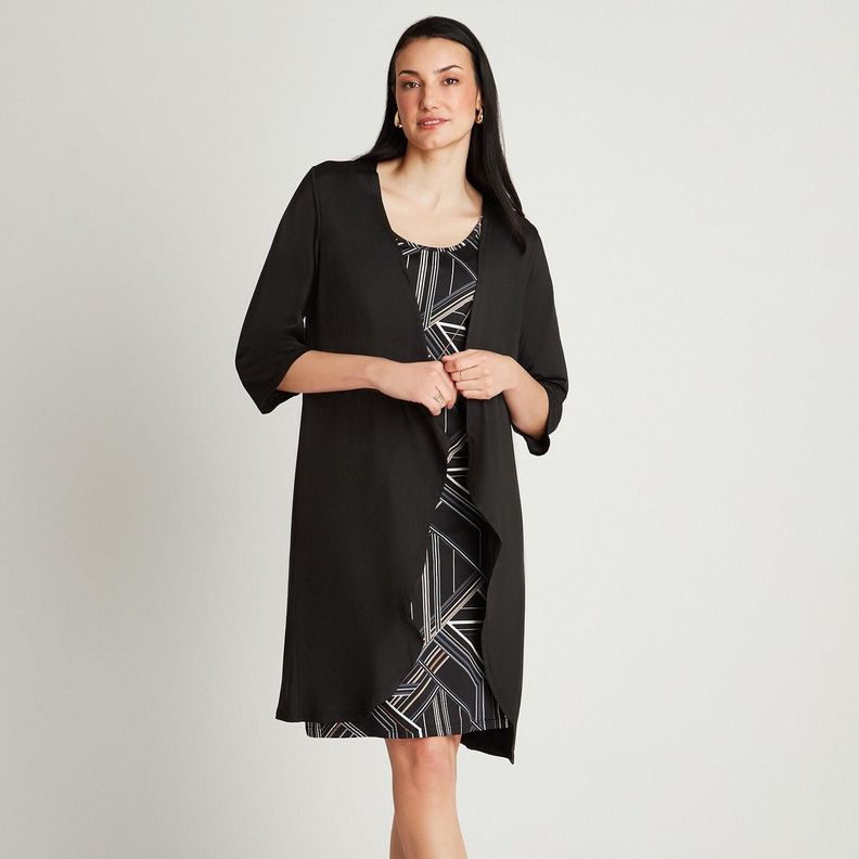 Vestido Midi Negro Manga 3/4 Cuello Redondo Con Tapadito-0