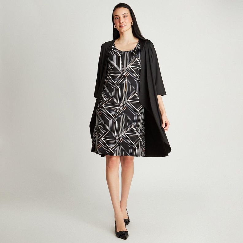 Vestido Midi Negro Manga 3/4 Cuello Redondo Con Tapadito-3