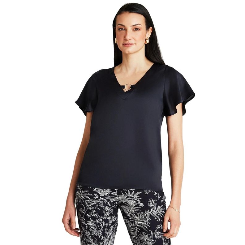 Blusa Azul Manga Corta Cuello V-0