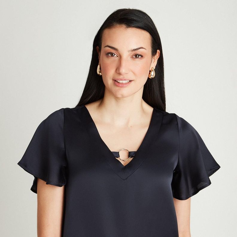 Blusa Azul Manga Corta Cuello V-2