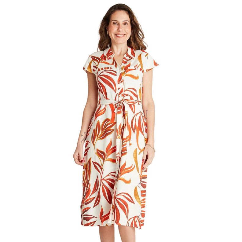 Vestido Maxi Lino Naranjo Manga Corta Estampado Cuello Camisero-0