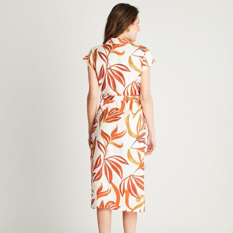 Vestido Maxi Lino Naranjo Manga Corta Estampado Cuello Camisero-1