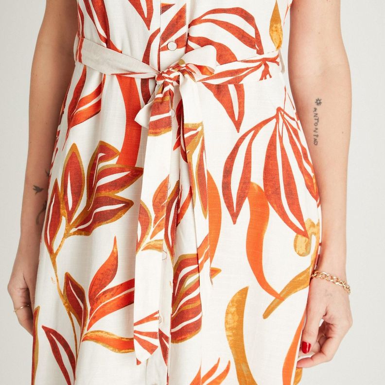 Vestido Maxi Lino Naranjo Manga Corta Estampado Cuello Camisero-2