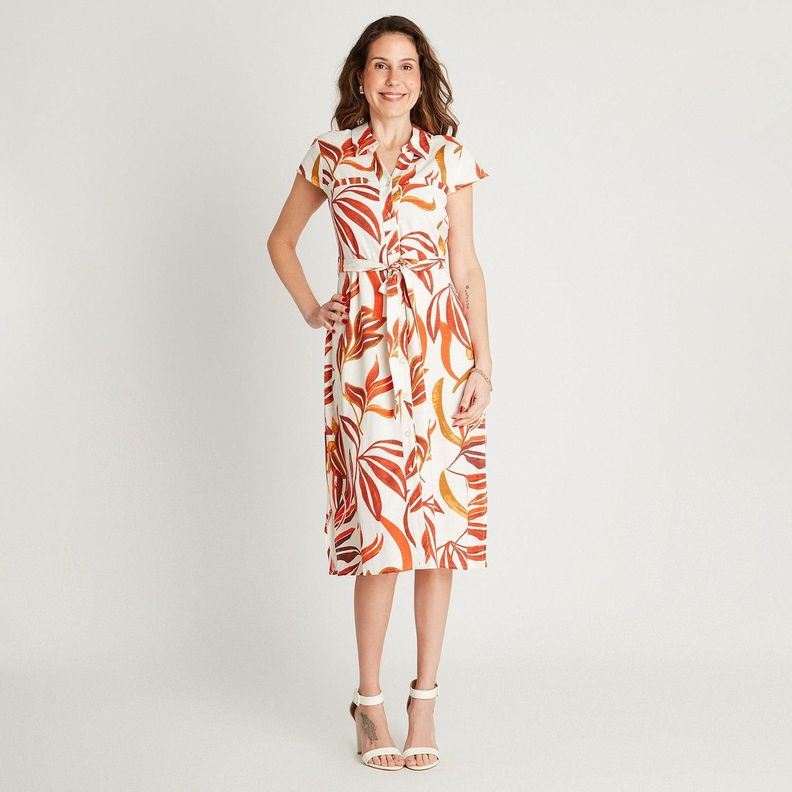 Vestido Maxi Lino Naranjo Manga Corta Estampado Cuello Camisero-3