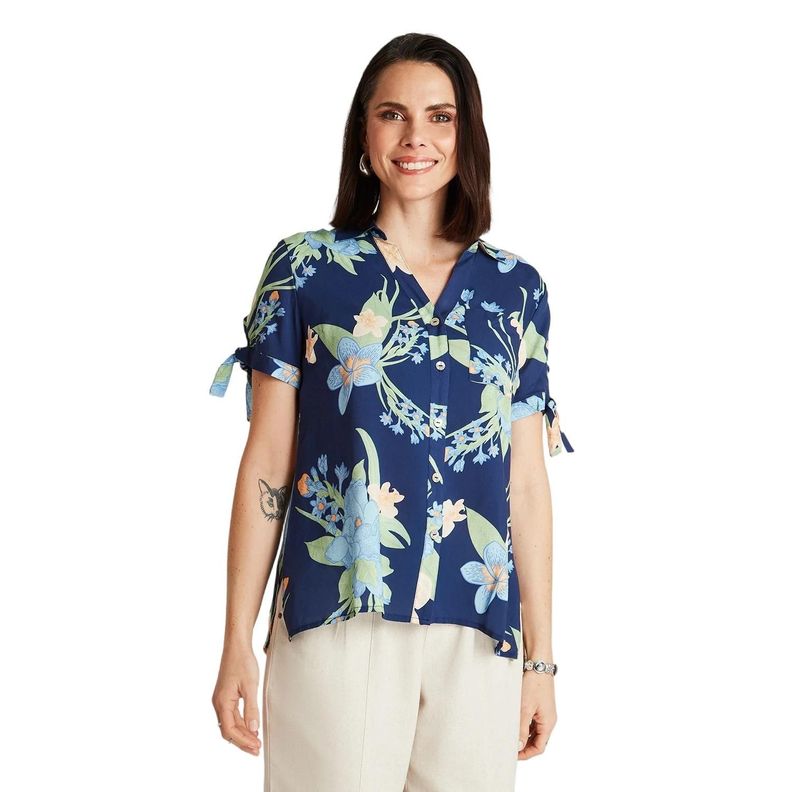 Blusa Azul Manga Corta Estampado Cuello Camisero-0