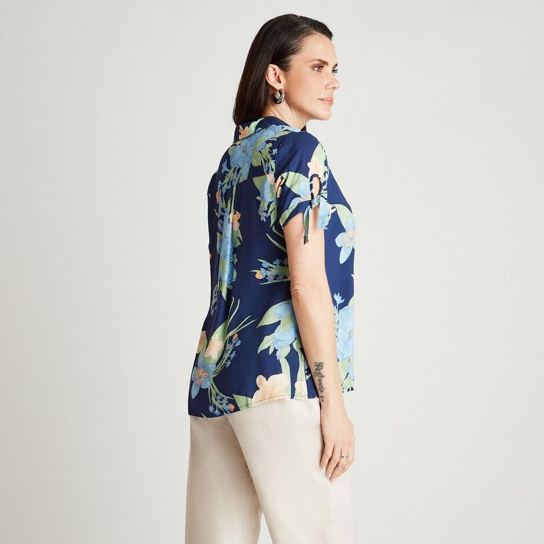 Blusa Azul Manga Corta Estampado Cuello Camisero-1