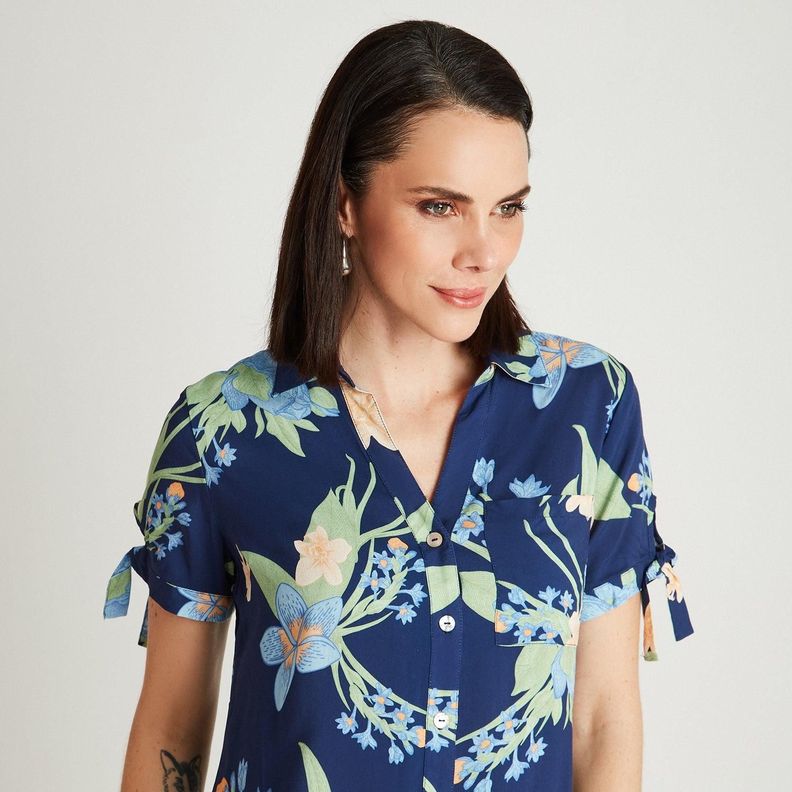 Blusa Azul Manga Corta Estampado Cuello Camisero-2
