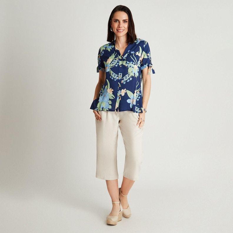 Blusa Azul Manga Corta Estampado Cuello Camisero-3