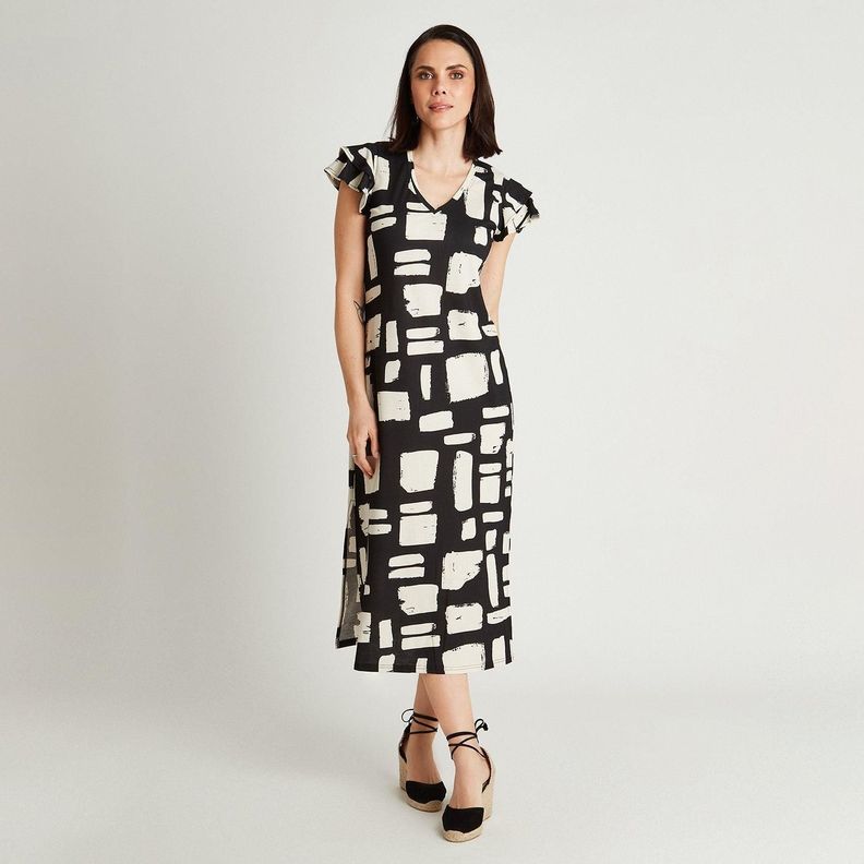 Vestido Maxi Crudo Manga Corta Cuello V-0