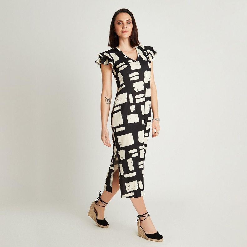 Vestido Maxi Crudo Manga Corta Cuello V-3