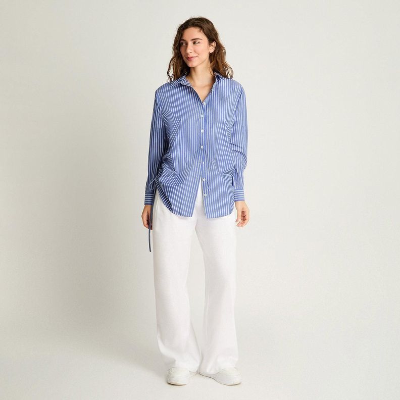 Blusa Camisera Manga Larga Rayada Celeste-3