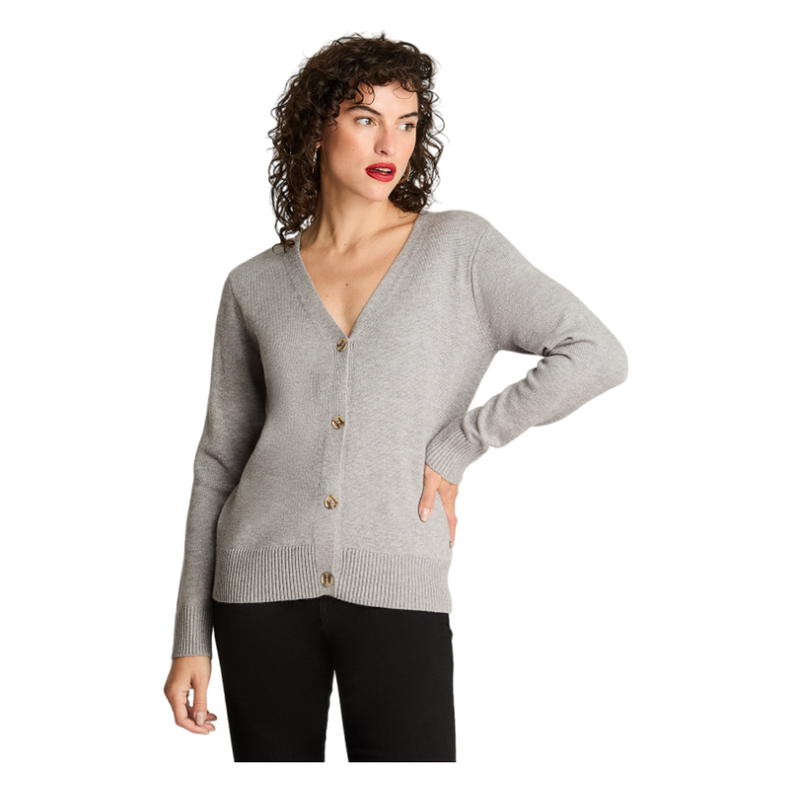 Cardigan Manga Larga Cuello V Básico Gris-0