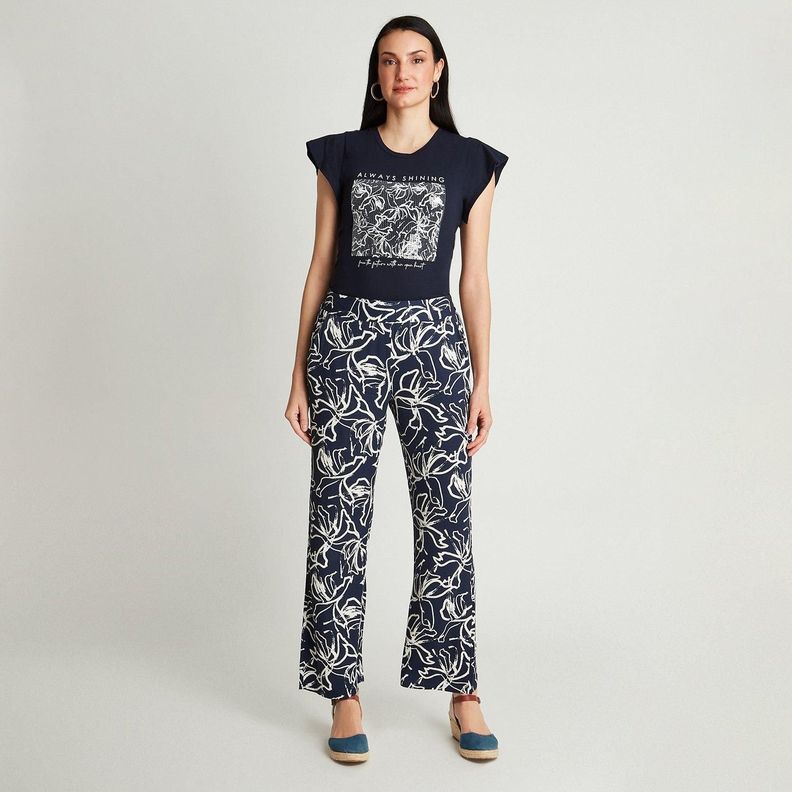 Pantalón Palazzo Azul Con Pretina Ancha-3