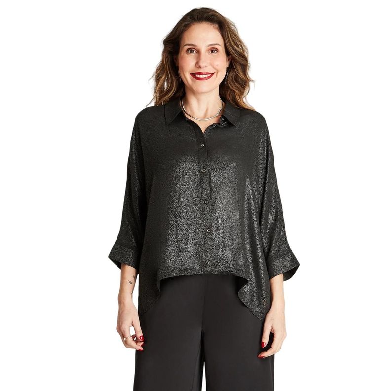 Blusa Negro Manga Kimono Cuello Camisero-0