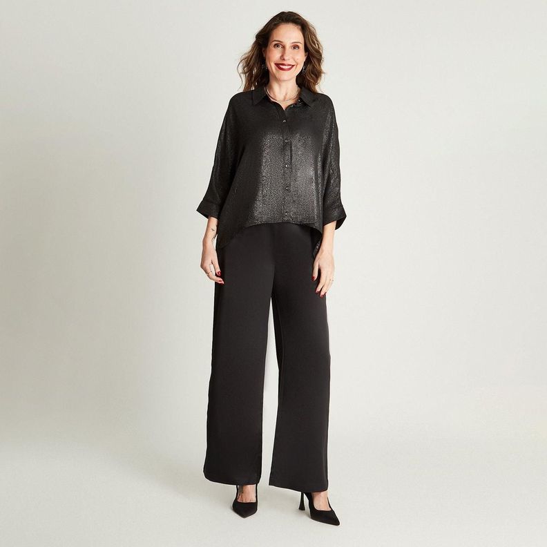 Blusa Negro Manga Kimono Cuello Camisero-3