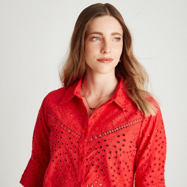 Blusa Rojo De Broderie Manga 3/4-2