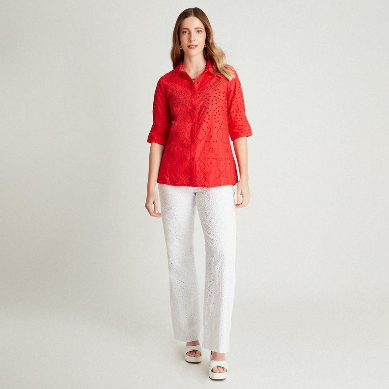 Blusa Rojo De Broderie Manga 3/4-3