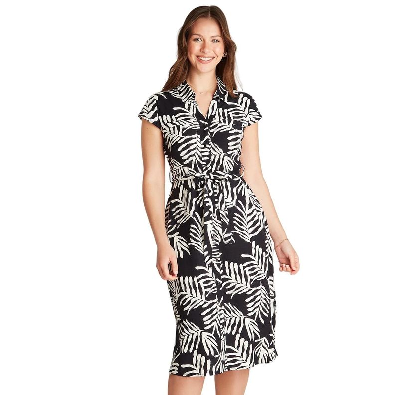 Vestido Maxi Lino Azul Manga Corta Estampado Cuello Camisero-0