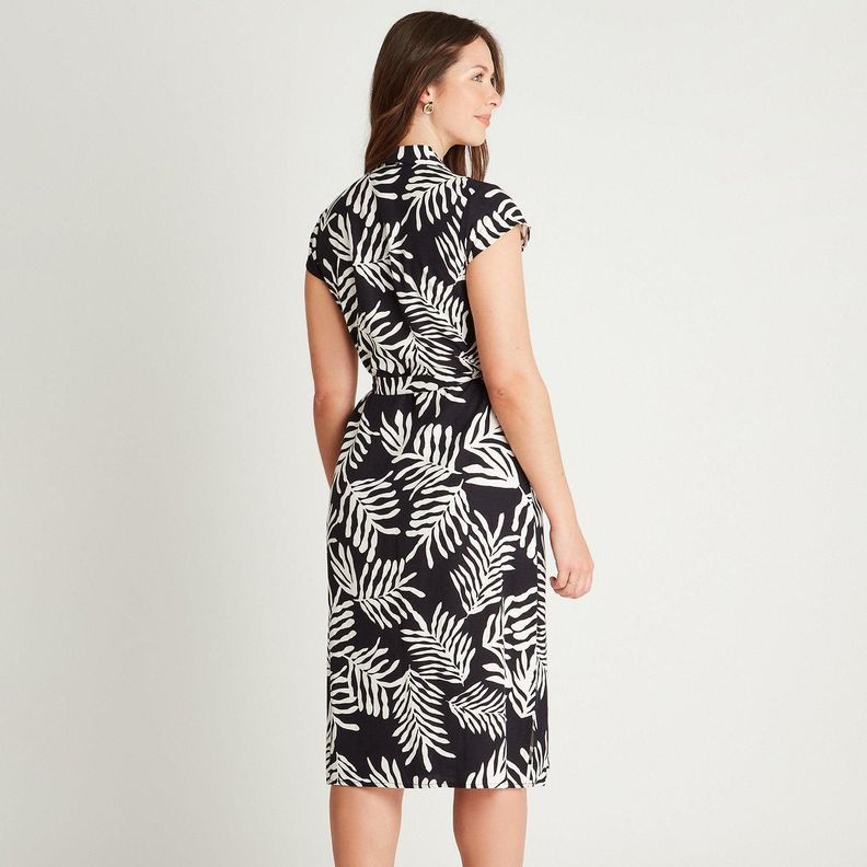 Vestido Maxi Lino Azul Manga Corta Estampado Cuello Camisero-1