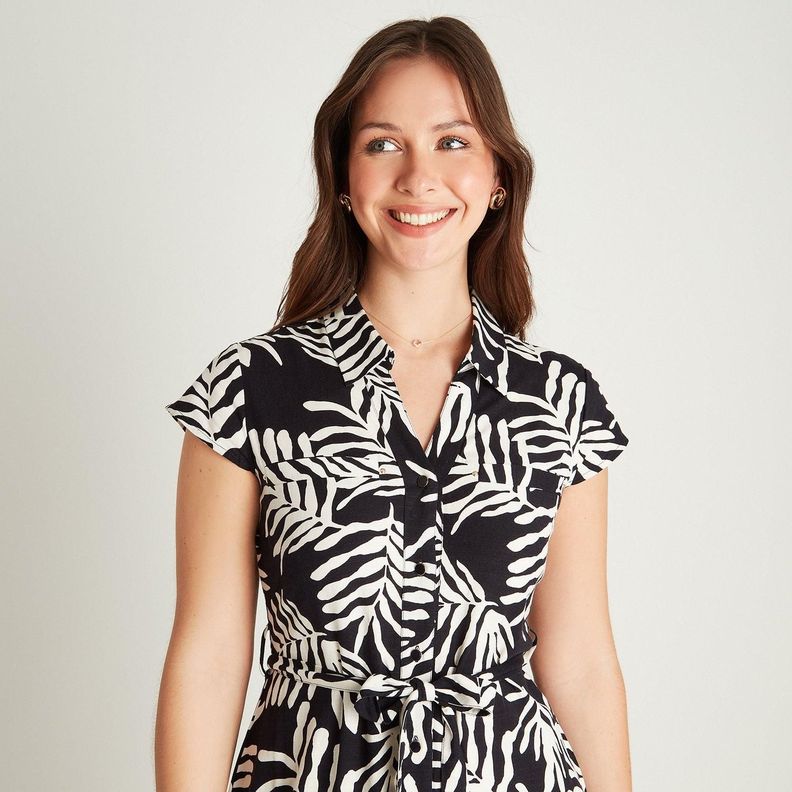 Vestido Maxi Lino Azul Manga Corta Estampado Cuello Camisero-2