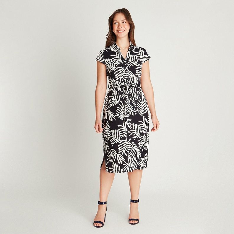 Vestido Maxi Lino Azul Manga Corta Estampado Cuello Camisero-3