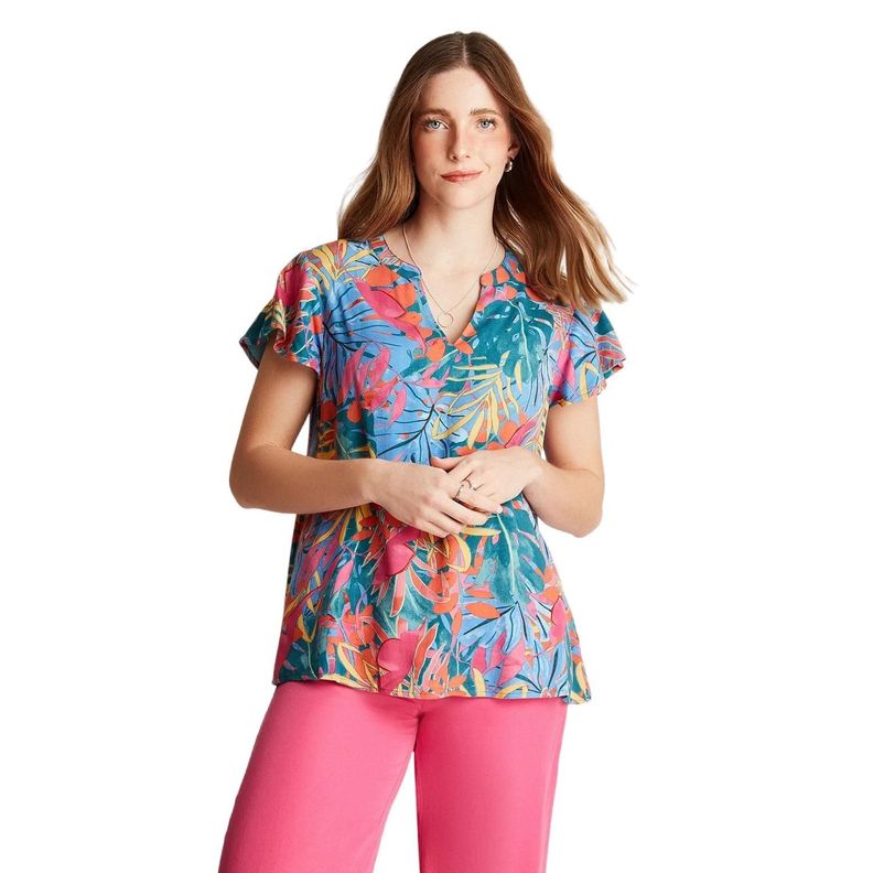 Blusa Fucsia Manga Corta Estampado Cuello Mao-0