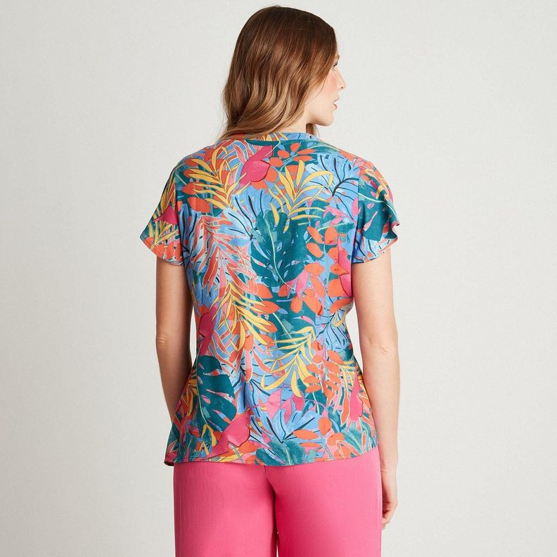 Blusa Fucsia Manga Corta Estampado Cuello Mao-1