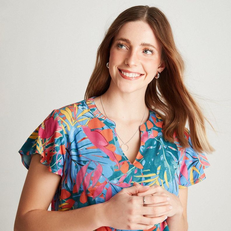 Blusa Fucsia Manga Corta Estampado Cuello Mao-2