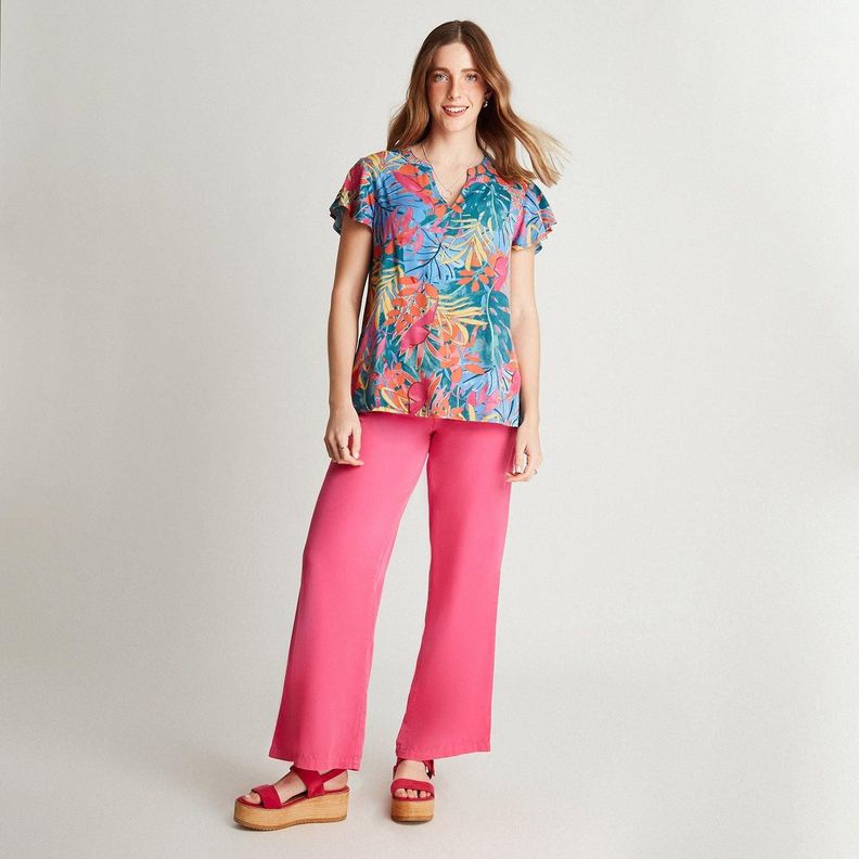 Blusa Fucsia Manga Corta Estampado Cuello Mao-3
